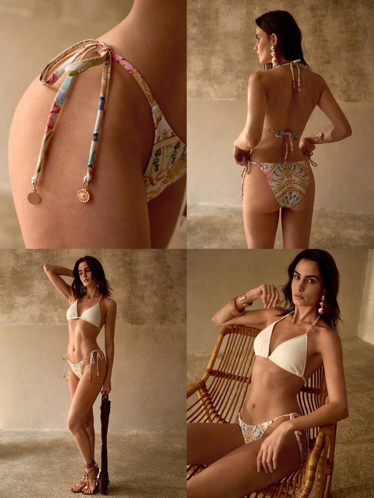 ELEGANT VINTAGE PALACE-STYLE FLORAL PRINT HALTER NECK TIE BIKINI SET FOR BEACH VACATION