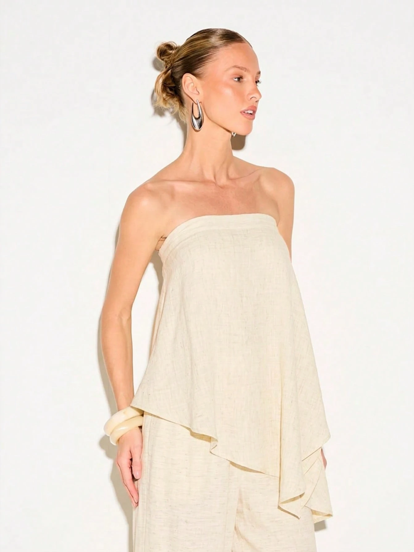 KIZN Strapless Linen Asymmetric Top With Ruffles