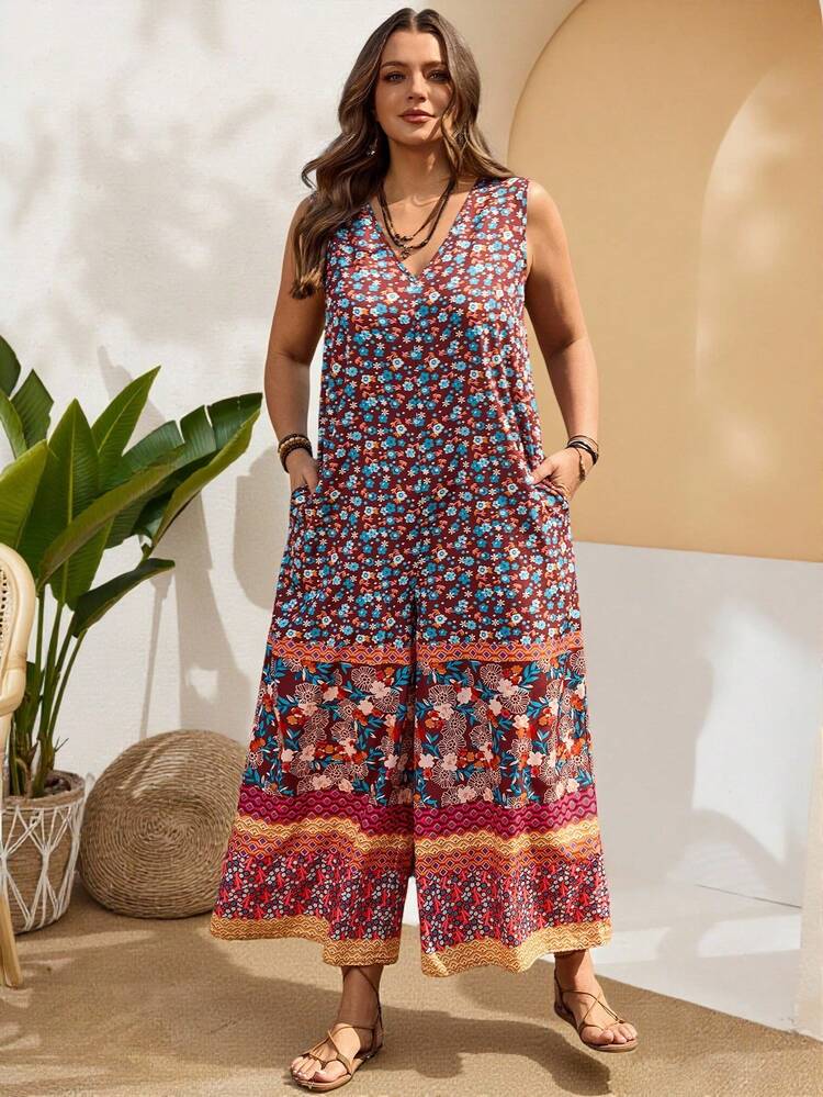 Plus Size Women's Summer Casual Vacation Country Retro Casual Floral Print Jumpsuit With Pockets,Summer Outfits For Women ,Vacation Outfits Women ,Holiday Outfits For Women,Going Out Outfits,2026 New Clothes,Simple And Fashionable For Everyday Wear,Suitable For Summer, Vacation, Daily Wear, Festival Outfits For Women,Country Concert Outfit,Beach Outfits For Women,Western Style