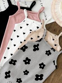SHEIN LMoss Kids [Random 5pcs, Send 1pc] Vintage Sweet Black & White Striped, Mini Floral Print, Graffiti Floral, Girly, Chill Chill, Y2K, Kawaii, Baby Girl Casual Camisole Romper, Suitable For Spring/Summer Cute Summer Outfits For Outing, Summer Kids Items, Summer Outing Items, Korean Style, Easy Comfort, Stylish Kids, Y2K, Kawaii, Party, Everyday, Vacation, Cute, Comfy, Outing, Summer 2026, Cottagecore, Weekend Casual, Family Outing, Photoshoot Outfits, Chill Chill, Baby & Kids Graphic Tops - Multicolor - View 4