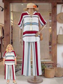 Rusticease Plus Size Women Striped Button Half Placket Roll Up Sleeve Shirt And Pants Casual 2 Pieces Set Female Country Look Vacation Outfits For Women  Summer Holiday Outfits Summer Outfits For Women Cruise Outfit For Women Resort Wear Two Piece Set Pyjamas Set Women Two Piece Outfits For Women Sets Retro Outfit For Women Set - Multicolor - View 2