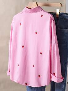 SHEIN 1 chiếc áo khoác cardigan dài tay cổ bẻ kẻ sọc cho bé gái tuổi teen, có họa tiết thêu phía trước, kiểu dáng thường ngày cho mùa thu. - Hồng - Xem 2