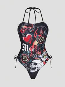 ROMWE Women's Elegant Gothic Skull Rose Print Halter One-Piece Swimsuit, Suitable For Beach, Resort, Vacation In Spring, Summer And Autumn Goth Bathing Suits For Women - Black - View 6