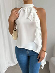 SHEIN Clasi Blusa con cuello de halter con volantes de unicolor, blusas sin mangas - Blanco - Ver 4