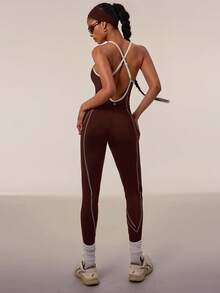 Normani Women's Brown Halter Jumpsuit, Color-Blocked Outerwear, Peach-Shaped Hip-Hugging One-Piece Yoga Sports Bodysuit,Gym Outfit - Mocha Brown - View 2