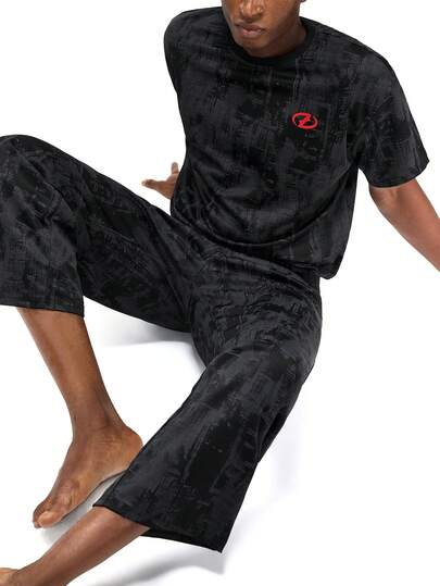 Rest Era Men's Casual Fashionable Street Tie-Dye Graphic Print Short Sleeve Top And Pants Loungewear Set, Spring/Summer/Autumn Men Lounge Set Pj Sets For Men Men's Pajama Sets Black Pjs Men's Pjs