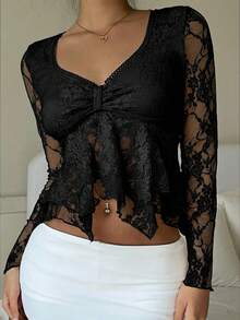 SHEIN EZwear 女款蕾絲透視貼身不對稱下擺長袖性感上衣，適合約會 - 黑色 - 查看 5