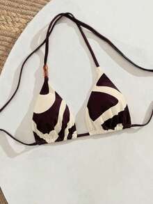 SHEIN Swim Vcay 美拉德彩色吊带裤侧系带装饰女士极简主义复古度假比基尼泳衣上装 - 中紫紅色 - 查看 3