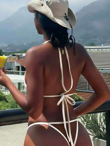 Costavie 女士夏季沙滩撞色露背系带性感比基尼泳装套装，包括比基尼、丁字裤比基尼等，适合夏季节日、派对等场合，是沙滩派对的理想选择。 - 棕色 - 查看 2