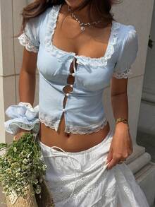 DAZY Women's Contrast Lace Tie Bow Short Sleeve Square Neck Elegant Summer Blouse - Blue - View 5