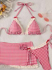 Swim Mod Bộ bikini buộc dây phía trước bằng ren in họa tiết dành cho nữ, kèm váy sarong. - Nhiều màu - Xem 5