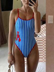 Swim Mod Bộ đồ bơi liền thân gợi cảm, cắt cao, dành cho nữ mùa hè 2026, kiểu dáng dễ thương, phong cách influencer, dây mảnh, họa tiết hoạt hình tôm hùm kẻ sọc, hở lưng. - Màu xanh lam - Xem 5