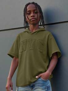 Tween Boy Letter Embossed Knit Short Sleeve Casual Hoodie T-Shirt - Army Green - View 5
