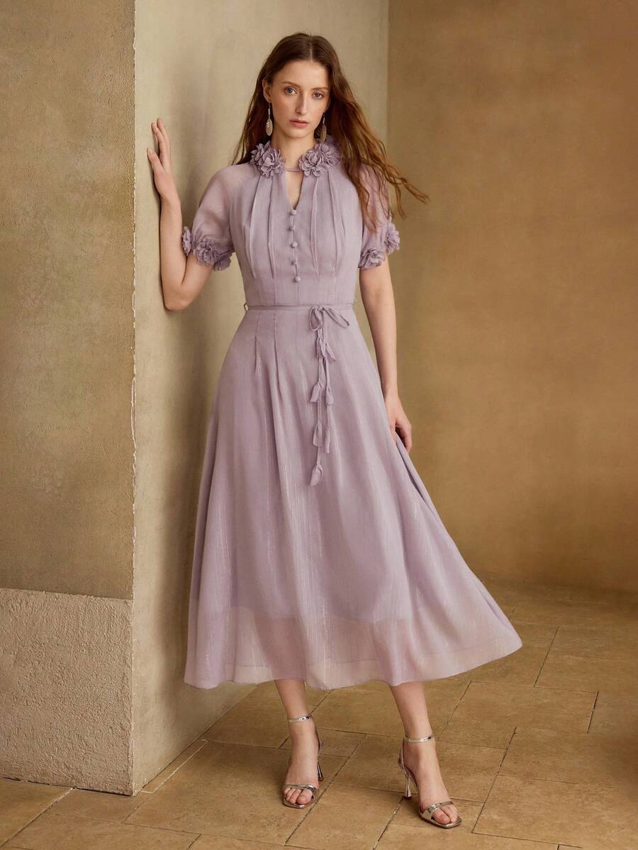 MOTF PREMIUM GAUN MIDI WARNA POLOS DENGAN DEKORASI BUNGA 3D, ELEGAN & ANGGUN - Grey - View 1