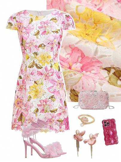 Ellevyn Đầm ren hoa nhí tay ngắn dáng bất đối xứng lãng mạn dành cho nữ