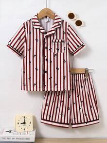 2件套男童休闲百搭条纹数字图案翻领针织睡衣套装，夏季 - 紅白色 - 查看 2