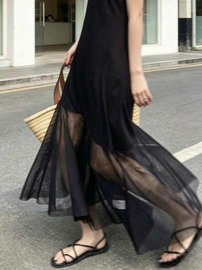 FRIFUL 女士纯色圆领短袖网纱荷叶边下摆休闲连衣裙