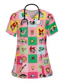 PopScrub THE POWERPUFF GIRLS X SHEIN 女士亮丽格子印花工作服上衣，舒适亲肤V领，带双口袋，制服款 - 彩色 - 查看 3