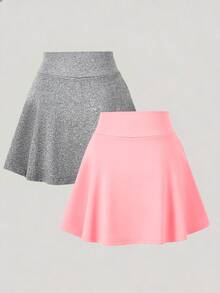 SHEIN 女童休闲百搭运动、瑜伽、芭蕾舞、学校紧身裤短裤裙，春夏款 - 灰色 - 查看 2