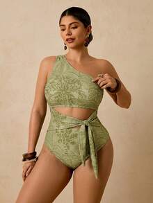 Travachic Plus Size Tropical Green Plant Print Asymmetric Neck Hollow Out Tie-Front One-Piece Swimsuit, Vacation Outfit Summer Beach - Green - View 5