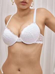 1pc Women's Lace Wide Strap Thick Cup Lift & Gather Underwire Lingerie Bra - White - View 4