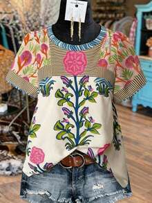 EMERY ROSE Plus Size Casual Boho Striped Floral Print T-Shirt Vacation Beige Summer - Multicolor - View 1