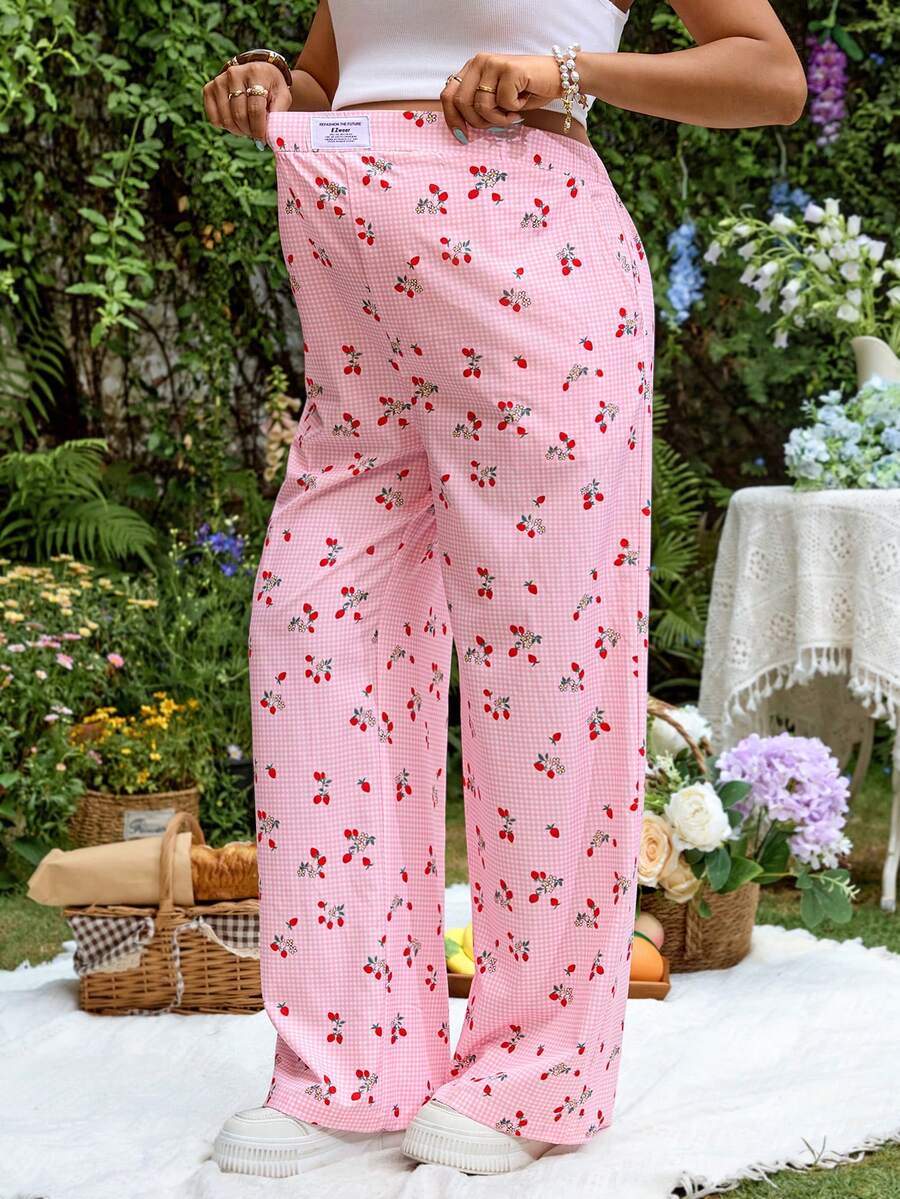 SHEIN Quần ống rộng in hình quả anh đào, thích hợp cho kỳ nghỉ thai sản. - Màu Hồng baby - Xem 1