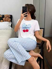 SHEIN Genkimix Kids Bộ đồ ngủ 2 món cho bé gái tuổi teen, nền trắng phối kẻ caro xanh dương, họa tiết nơ, quần kẻ caro xanh dương cùng màu, đồ mặc nhà thoải mái. - Màu be - Xem 3