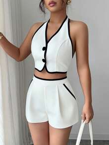 Selianne Summer New Sexy Contrast Color Trim Backless Tie Crop Top + Shorts With Slant Pockets Contrast Trim Women 2 Pieces Set - White - View 6