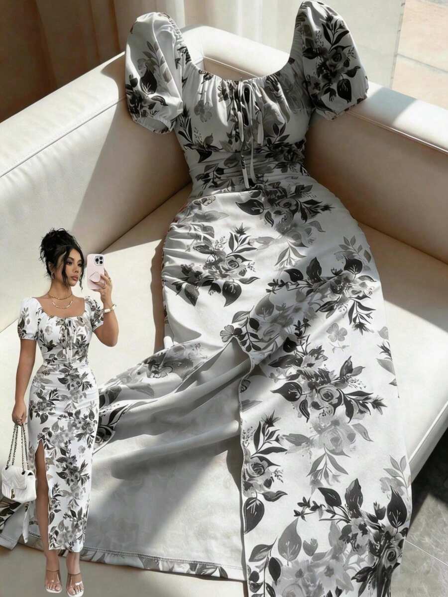 Elenzga Elegantes Damenkleid mit quadratischem Ausschnitt, Puffärmeln, taillierter Passform und Blumenmuster, Frühling/Sommer - Schwarz und Weiss - Übersicht 1