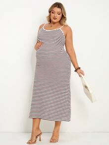 SHEIN Maternity Plus Size Striped Casual Strap Dress Summer Dresses Vacation Outfits Work Outfits - Multicolor - View 5
