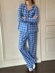 Napfluff Grün & Schwarz karierter Damen Lässig Langarm Pyjama Set mit Kragen - Blau - Übersicht 5