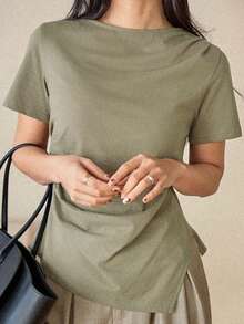 Dazy-Less Áo thun nữ cổ polo dáng rộng, thoải mái, thanh lịch mùa xuân hè, thích hợp cho ngày Valentine, kiểu dáng công sở "giàu có" - màu xanh lá - Xem 6