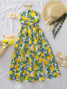SHEIN Đầm hở lưng cổ yếm in hình chanh cho bé gái tuổi teen, thích hợp đi biển/nghỉ mát. - Màu vàng - Xem 4