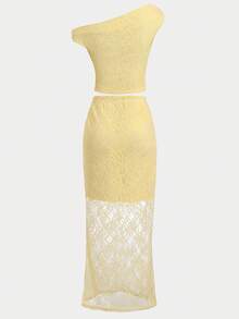 SHEIN Girlism 少女休闲不对称肩短袖修身提花针织T恤套装 - 黃色 - 查看 7