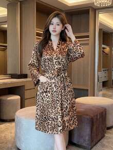 [Comfortable Leopard Print Robe] Leopard Print Sexy Pajamas For Women, Made Of Ice Silk Fabric, 2025 New Loungewear, Machine Washable, Perfect For Home, Spa, And Casual Wear. - Multicolor - View 1