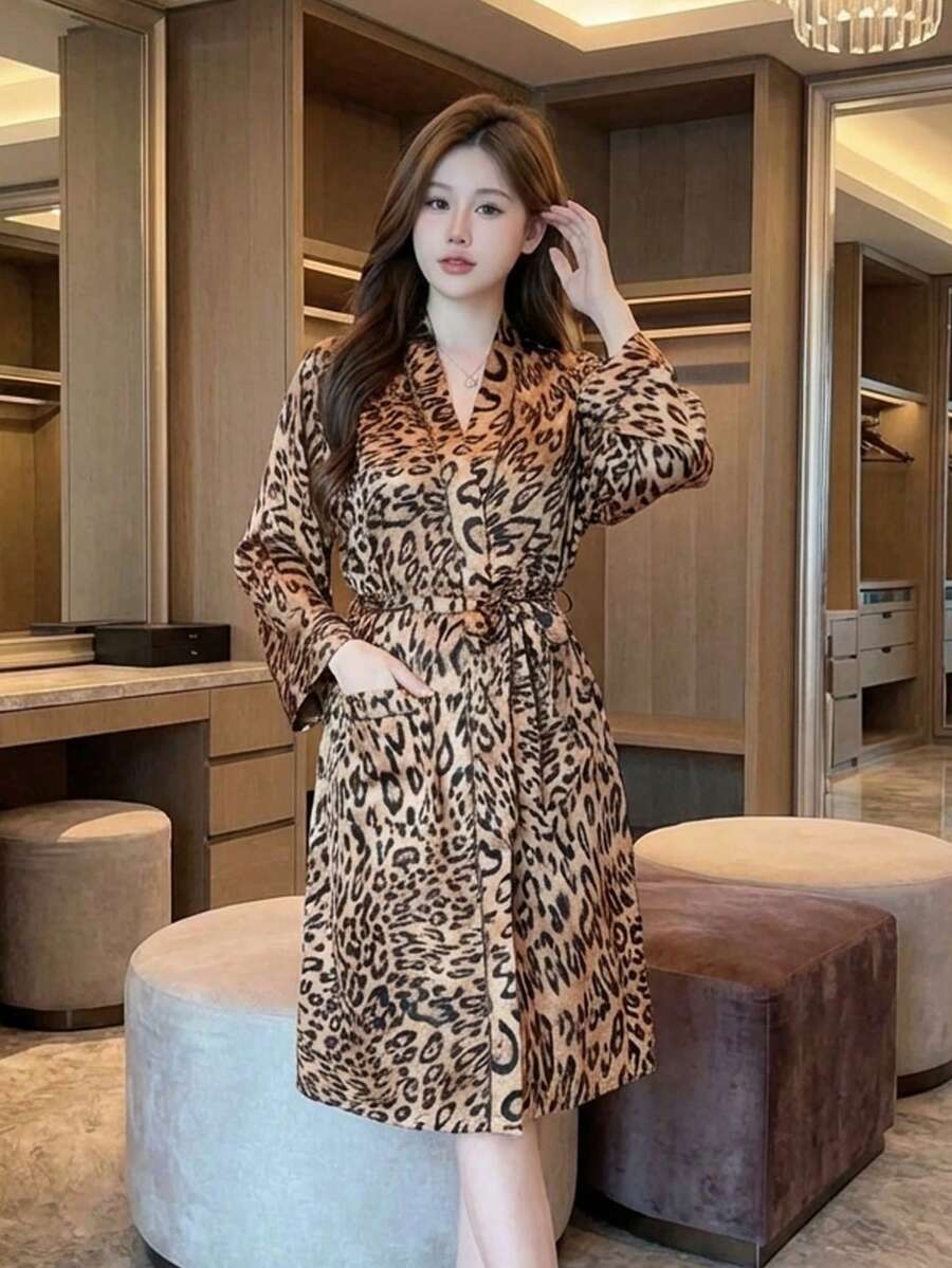 [Comfortable Leopard Print Robe] Leopard Print Sexy Pajamas For Women, Made Of Ice Silk Fabric, 2025 New Loungewear, Machine Washable, Perfect For Home, Spa, And Casual Wear. - Multicolor - View 1