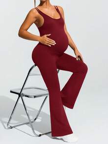SHEIN Maternity Solid Color Sports Camisole Jumpsuit,Word Cup - Burgundy - View 8