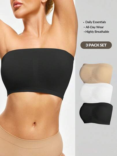 SHAPORA Conjunto de 3 piezas de sujetador bandeau de alta calidad, de unicolor, minimalista y cómodo para mujer, 2026