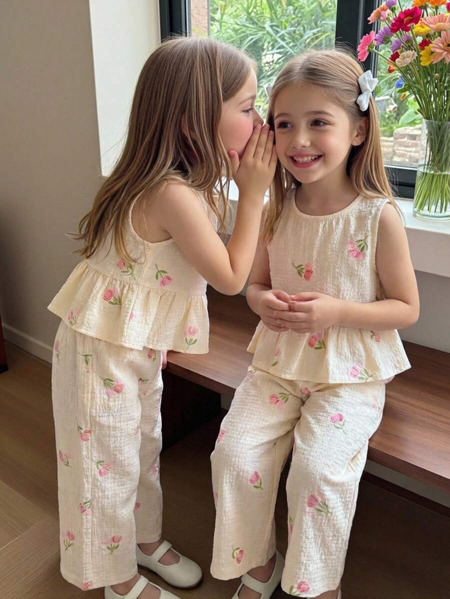 LMoss Kids Conjunto informal de camisa con volantes de cuadros trenzados y pantalones anchos de pierna ancha trenzados para niña bebé - Multicolor - Ver 1