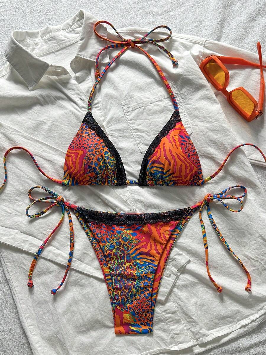 Swim Vcay 2025夏季沙滩蕾丝和随机印花拼接露背性感上衣和侧系带泳裤女士比基尼套装豹纹比基尼三角比基尼两件式比基尼 - 彩色 - 查看 1