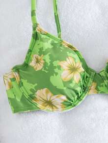 Swim Vcay Floral Print Ruched Halter Bikini Set, Sexy Summer Vacation - Multicolor - View 4