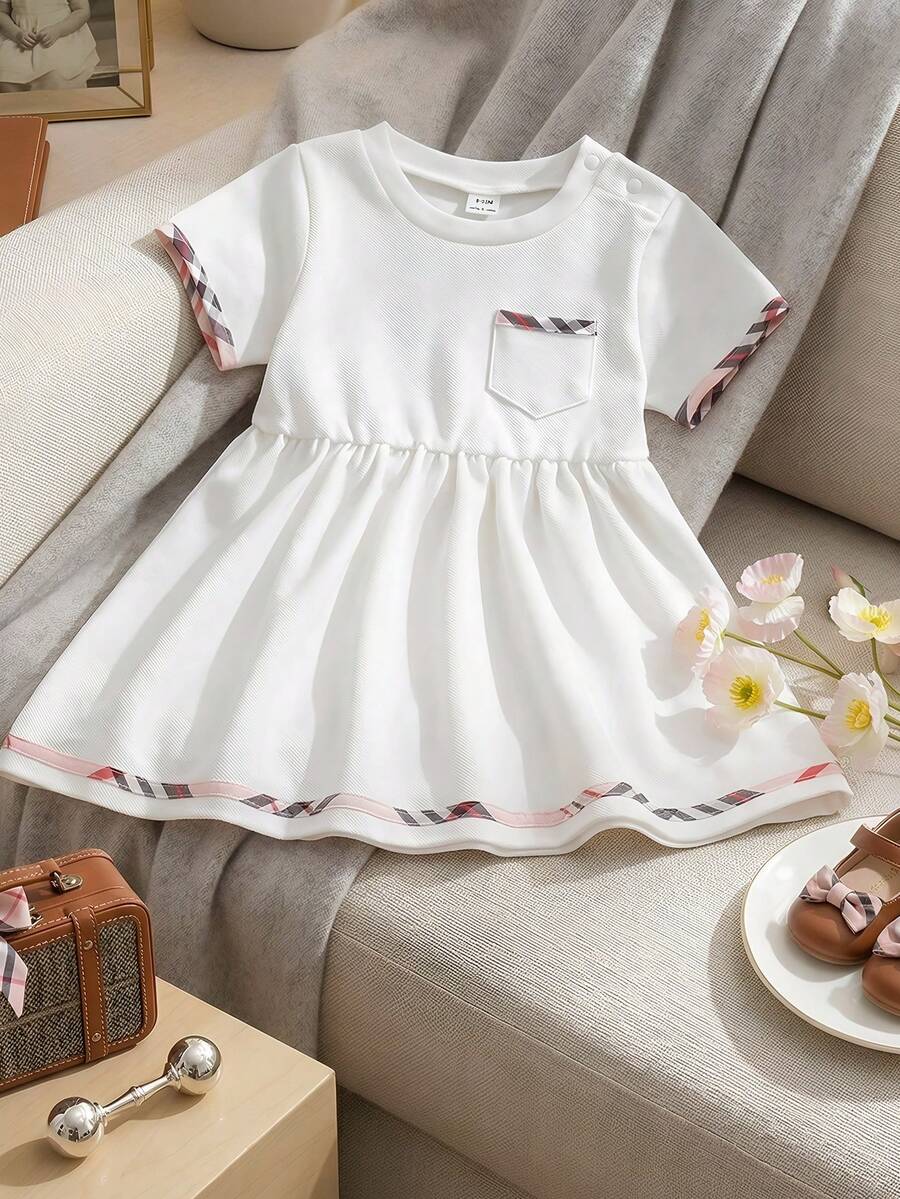 Souflis Souflis French Summer New Fashion White Round Neck Short Sleeve Dress With Delicate Plaid Decor, Suitable For Casual, Shopping, School And Other Occasions, Girls Dress White Dress For Babies Babies Clothes For Girls Baby Girl White Dress - White - View 1