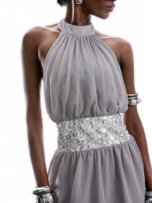 LYSMO 女士优雅褶皱亮片不对称下摆露背系带连衣裙 - 灰色 - 查看 6