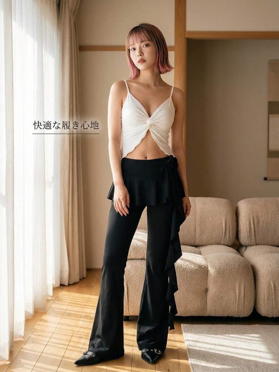 Coolane 女士夏季节日嬉皮街头服饰西部风波西米亚风 Y2K Gyaru 复古立体花丝带褶裙喇叭裤 - 黑色 - 查看 1