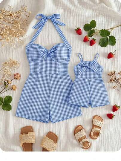 Mommy & Me Cute Plaid Bow Strap Romper For Summer