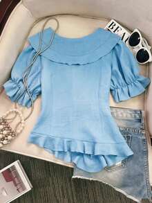 GlowEve Blouse à manches courtes avec volants effet denim bleu pour femmes - Bleu ciel - Voir 2