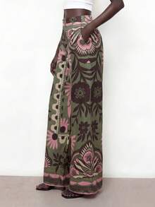 Maija Women's Green Summer Pants With Front Button Zipper, Back Elastic Waist, Slant Pockets, Western Style Vacation Wear, Floral Print Interesting Pattern, Loose Fashionable Casual Daily Comfortable Pants Women Easter Summer Easter Beach Summer Holiday Beach Vacation Summer Outfit For Women Going Out Outfits Graduation - Army Green - View 3