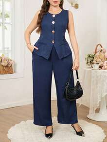 SHEIN Clasi Bộ đồ công sở thanh lịch cỡ lớn, màu trơn gồm áo vest và quần, 2 món, thích hợp cho mùa hè. - Màu xanh lam - Xem 8