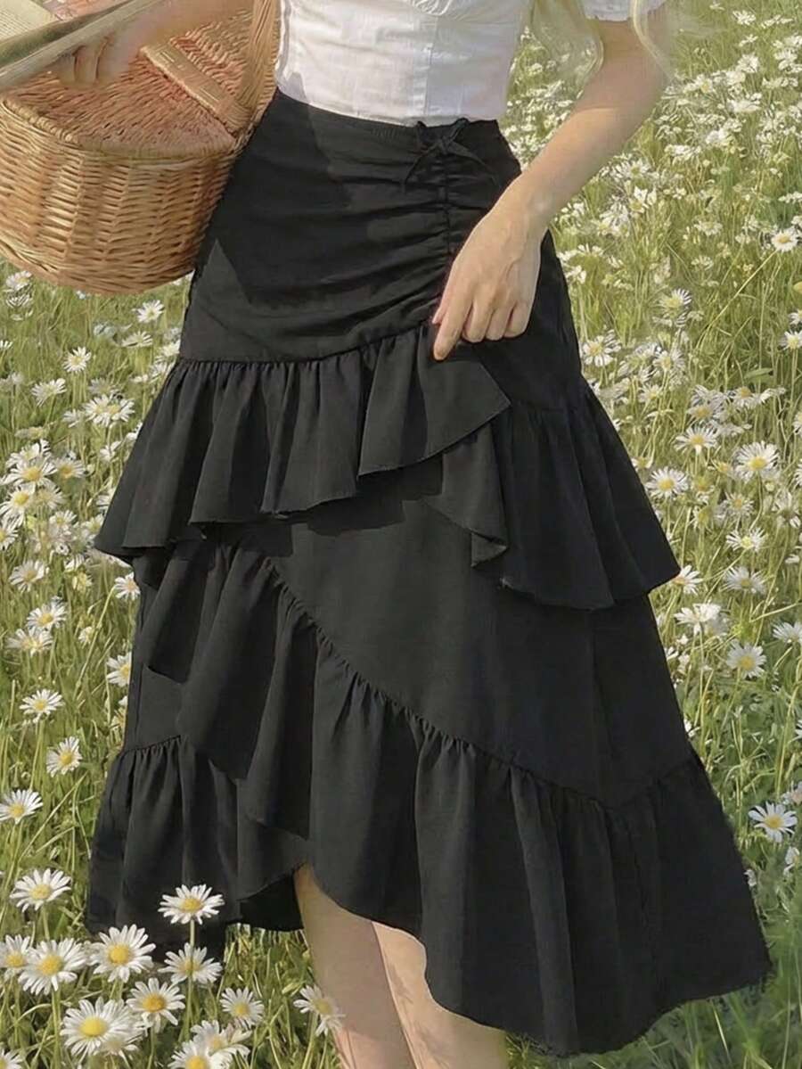 SHEIN Tween Girls Loose Casual Layered Ruffle Asymmetrical Hem Mid-Length Skirt - Black - View 1